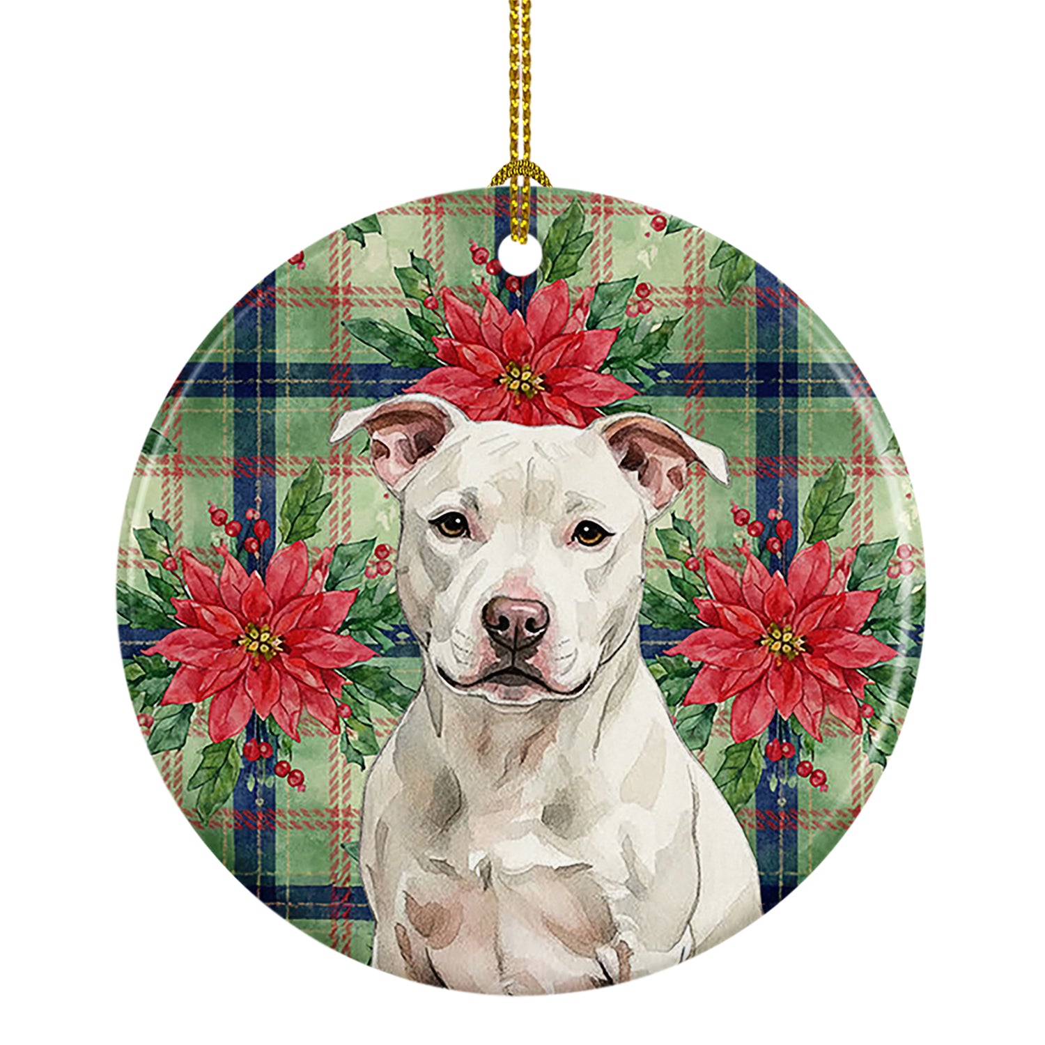 Caroline's Treasures White Staffordshire Bull Terrier Christmas PoinsettIas Ceramic Ornament