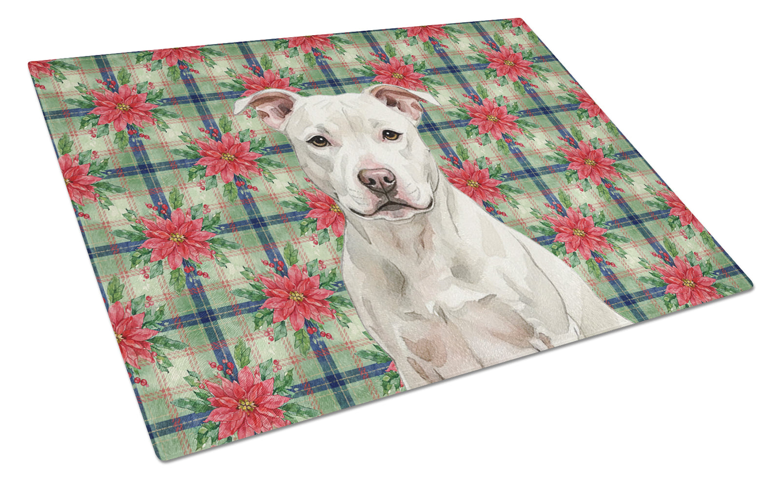 Caroline's Treasures White Staffordshire Bull Terrier Christmas PoinsettIas Glass Cutting Board