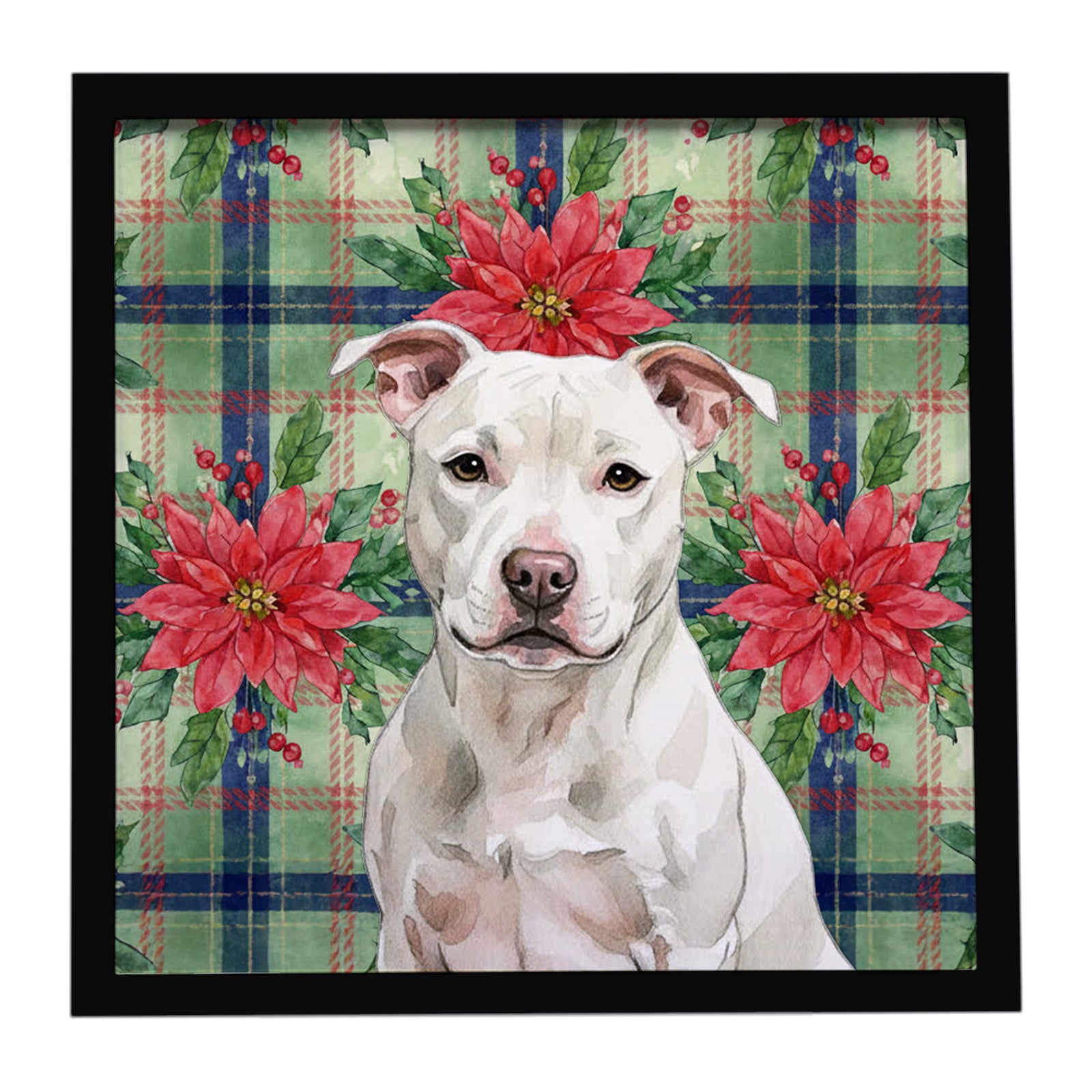 Caroline's Treasures White Staffordshire Bull Terrier Christmas PoinsettIas Framed Metal Print