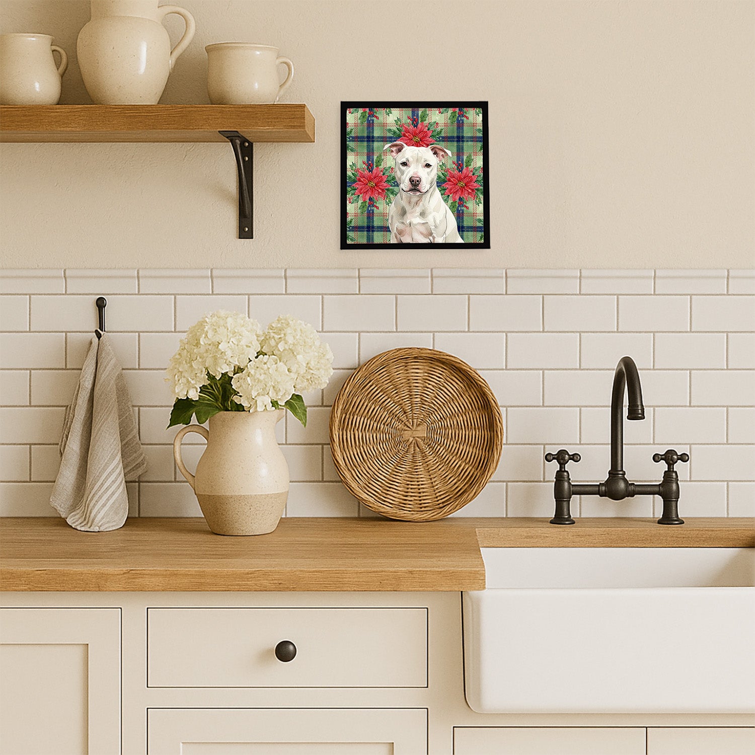 Caroline's Treasures White Staffordshire Bull Terrier Christmas PoinsettIas Framed Metal Print