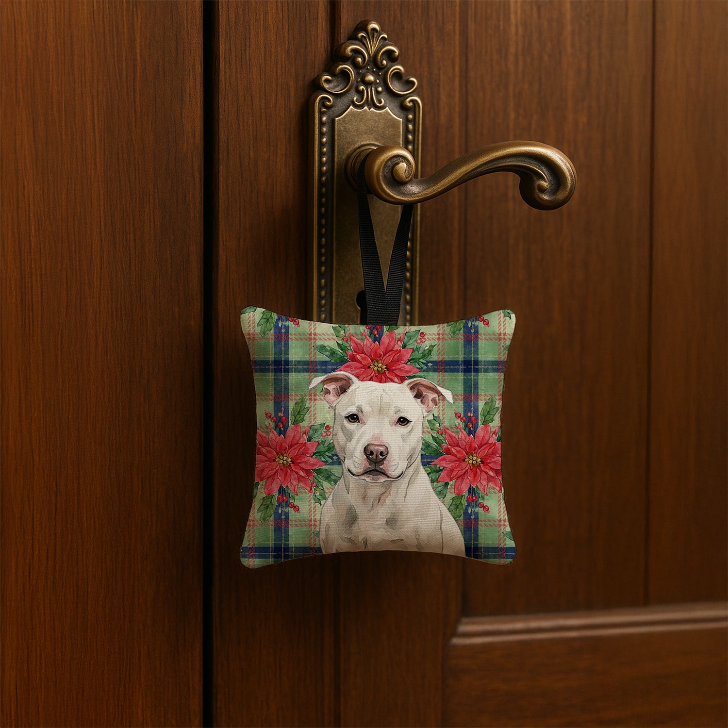 Caroline's Treasures White Staffordshire Bull Terrier Christmas PoinsettIas Hanging Square Fabric Ornament 3.5 x 3.5