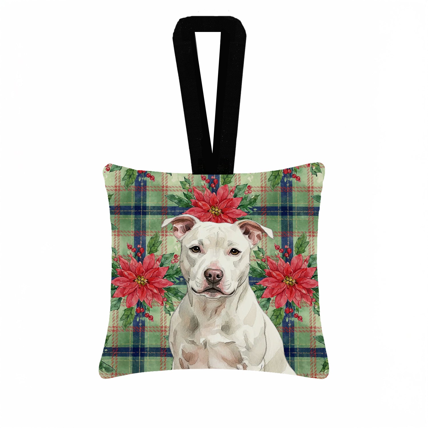 Caroline's Treasures White Staffordshire Bull Terrier Christmas PoinsettIas Hanging Square Fabric Ornament 3.5 x 3.5