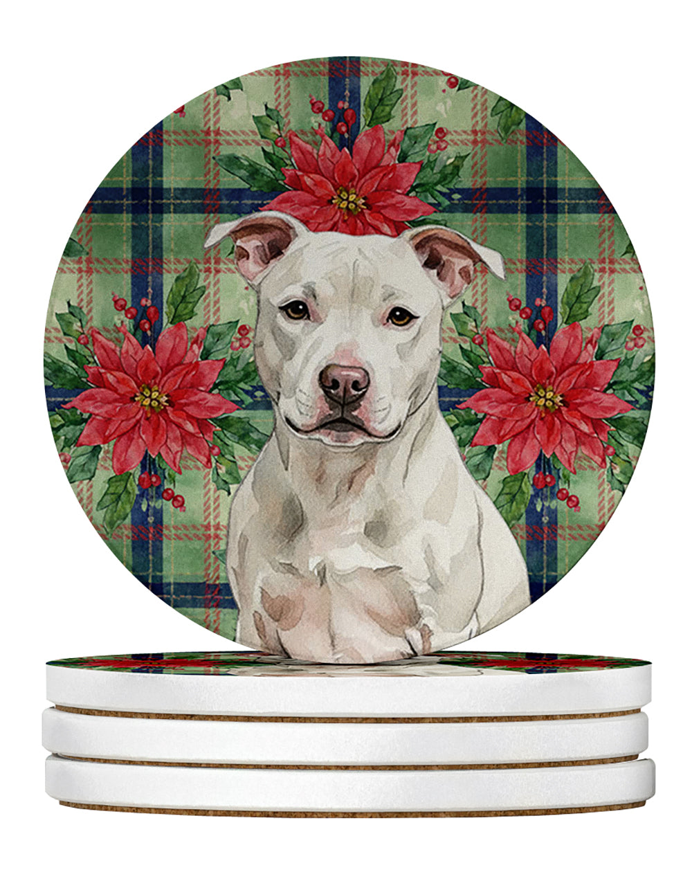Caroline's Treasures White Staffordshire Bull Terrier Christmas PoinsettIas Large Sandstone Coasters Pack of 4