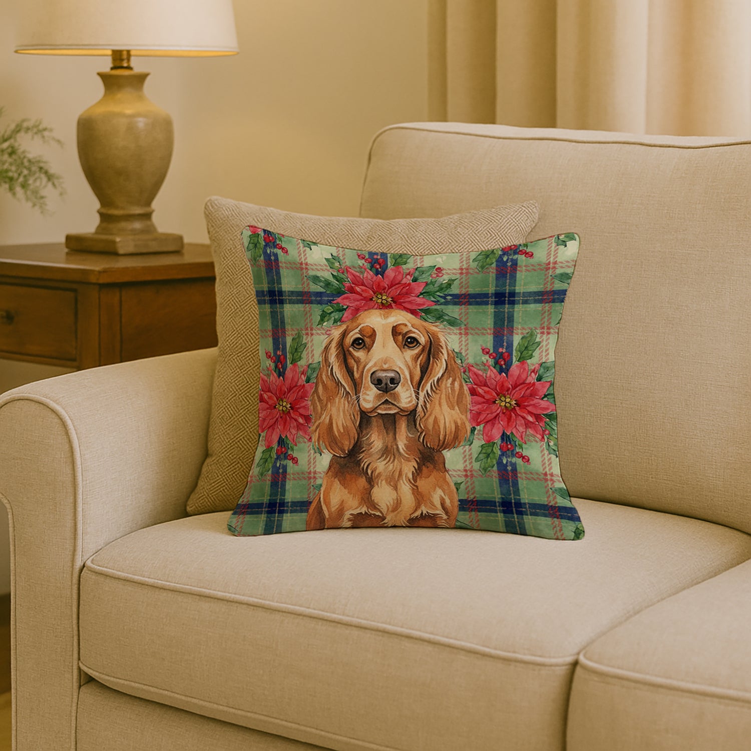 Caroline's Treasures Sussex Spaniel Christmas PoinsettIas Throw Pillow