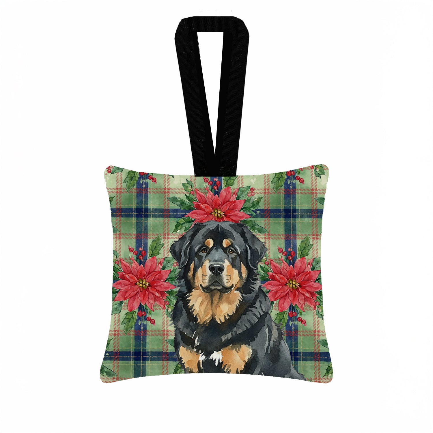 Caroline's Treasures Black and Tan Tibetan Mastiff Christmas PoinsettIas Hanging Square Fabric Ornament 3.5 x 3.5