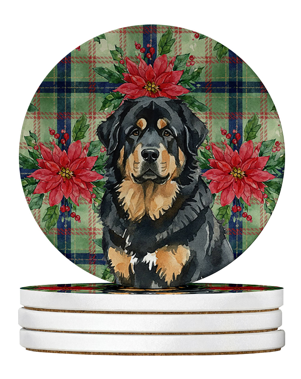 Caroline's Treasures Black and Tan Tibetan Mastiff Christmas PoinsettIas Large Sandstone Coasters Pack of 4