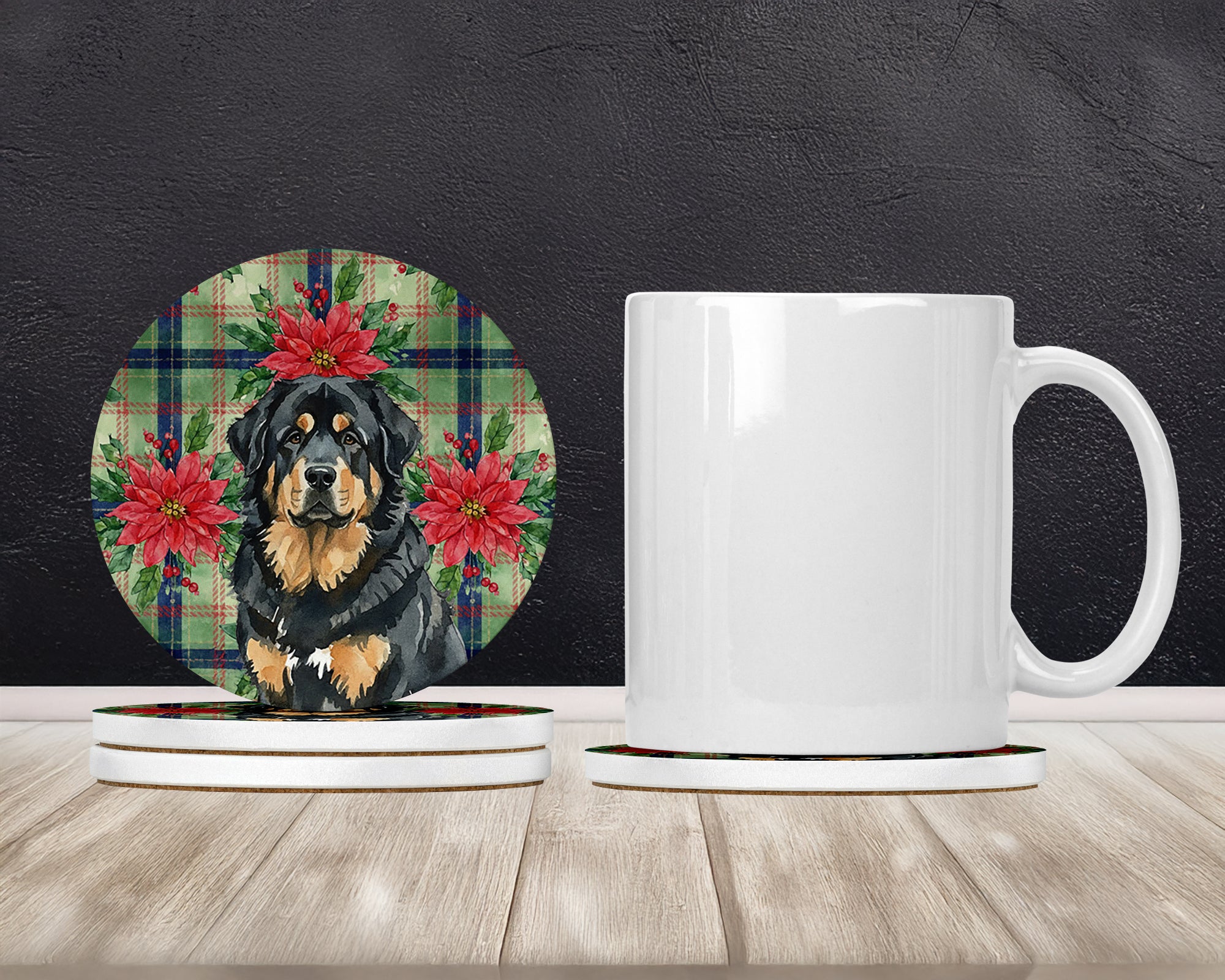 Caroline's Treasures Black and Tan Tibetan Mastiff Christmas PoinsettIas Large Sandstone Coasters Pack of 4
