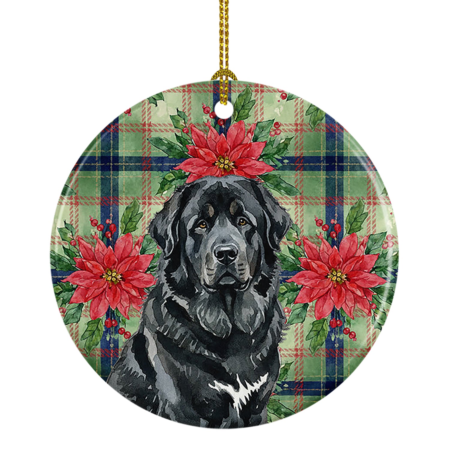 Caroline's Treasures Black Tibetan Mastiff Christmas PoinsettIas Ceramic Ornament
