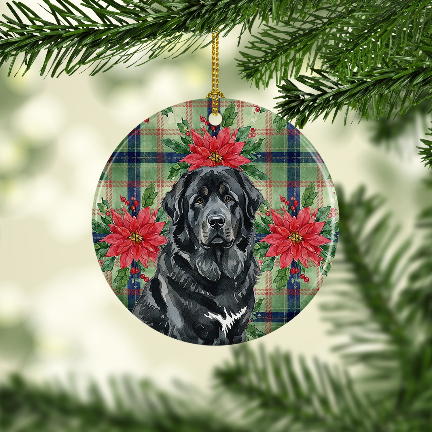 Caroline's Treasures Black Tibetan Mastiff Christmas PoinsettIas Ceramic Ornament