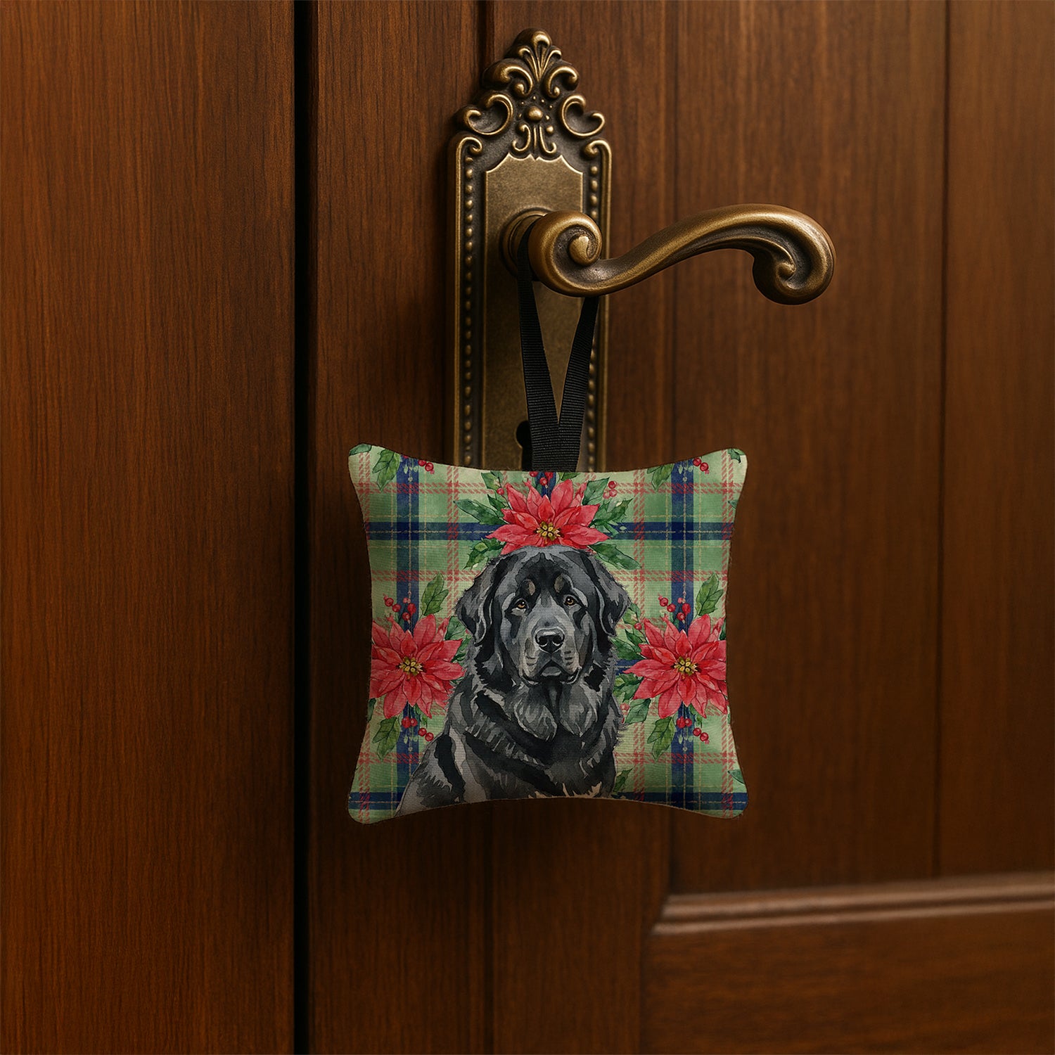 Caroline's Treasures Black Tibetan Mastiff Christmas PoinsettIas Hanging Square Fabric Ornament 3.5 x 3.5