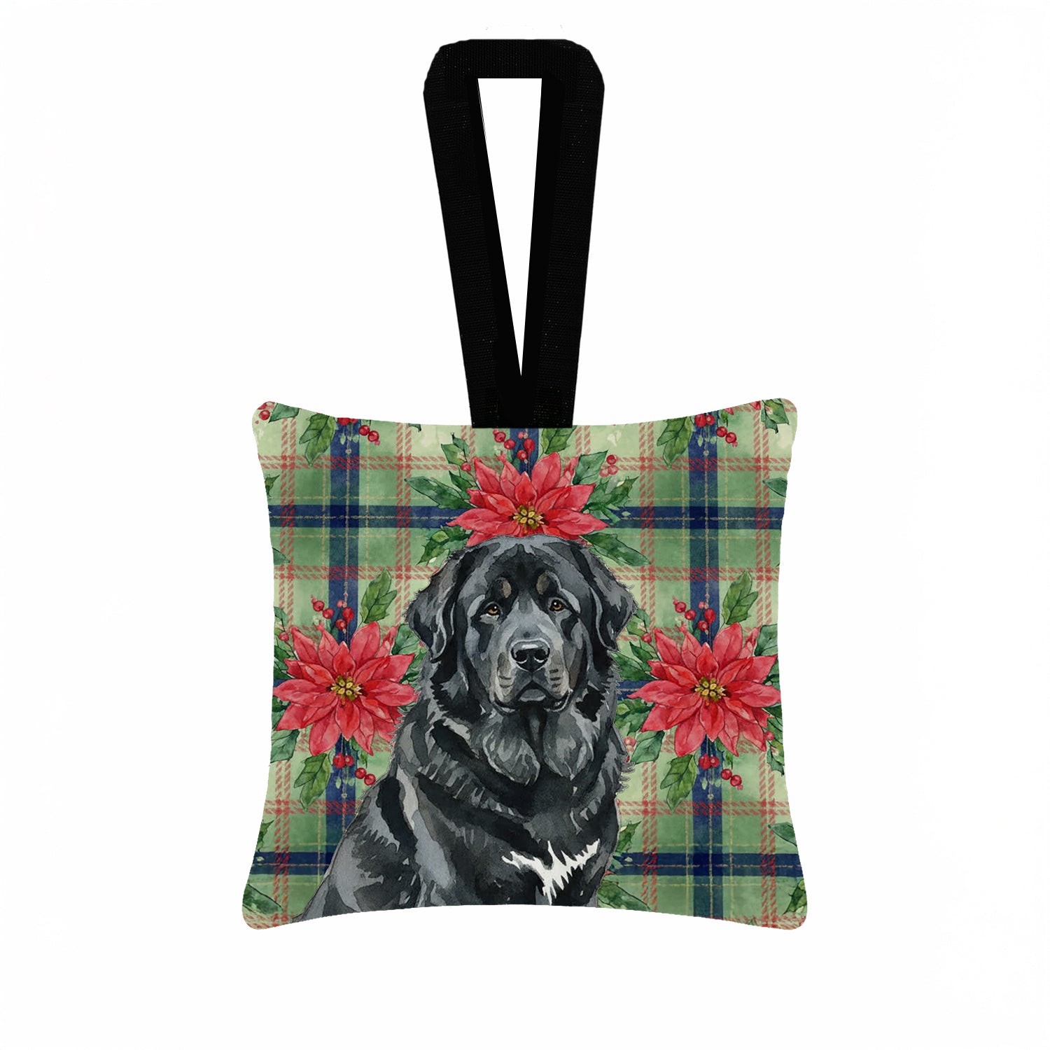 Caroline's Treasures Black Tibetan Mastiff Christmas PoinsettIas Hanging Square Fabric Ornament 3.5 x 3.5