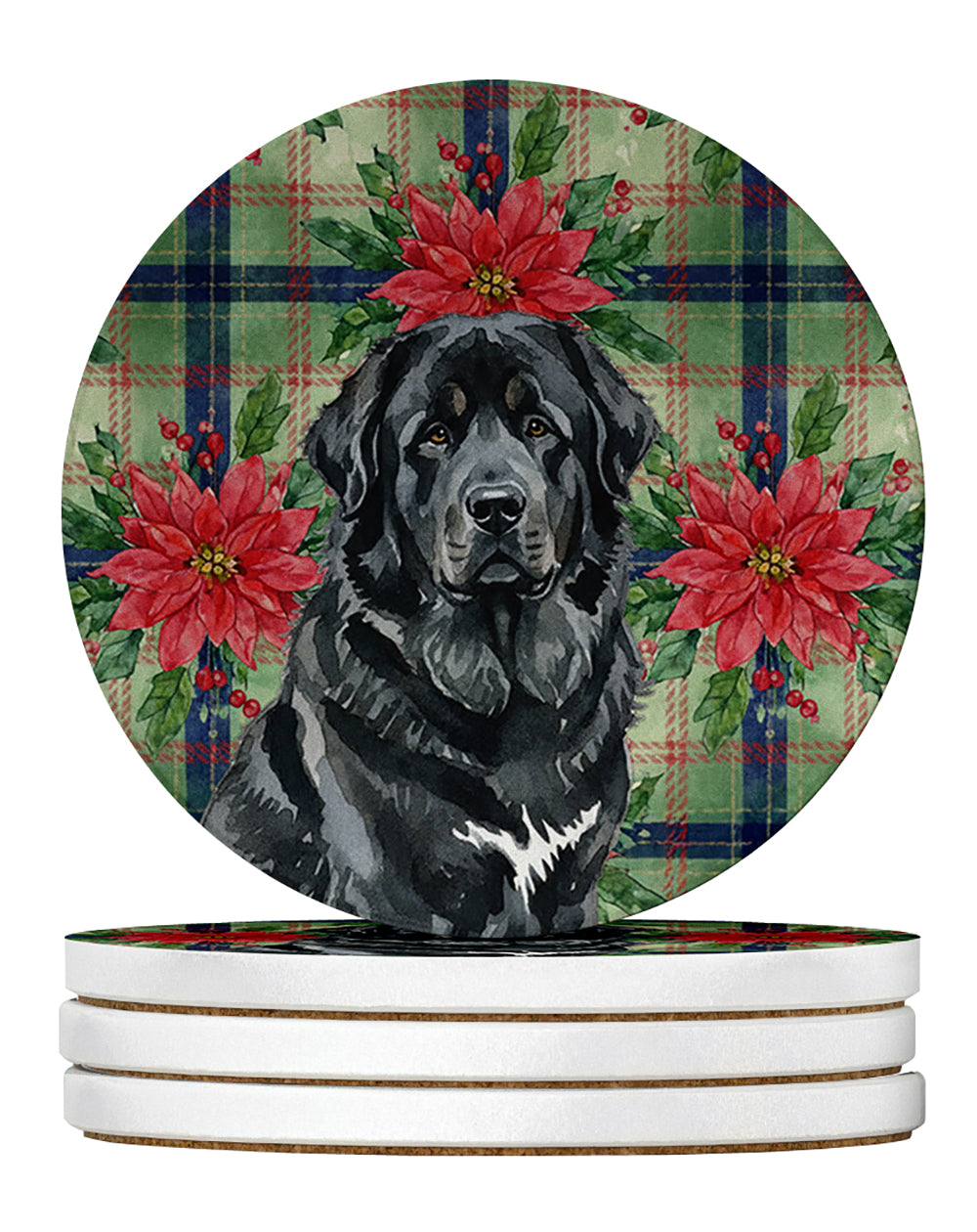 Caroline's Treasures Black Tibetan Mastiff Christmas PoinsettIas Large Sandstone Coasters Pack of 4