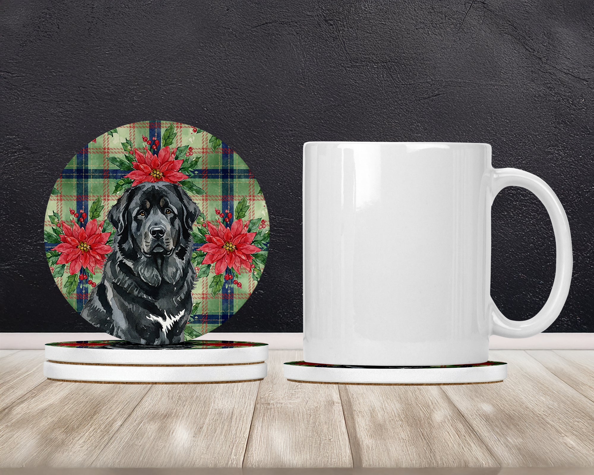 Caroline's Treasures Black Tibetan Mastiff Christmas PoinsettIas Large Sandstone Coasters Pack of 4