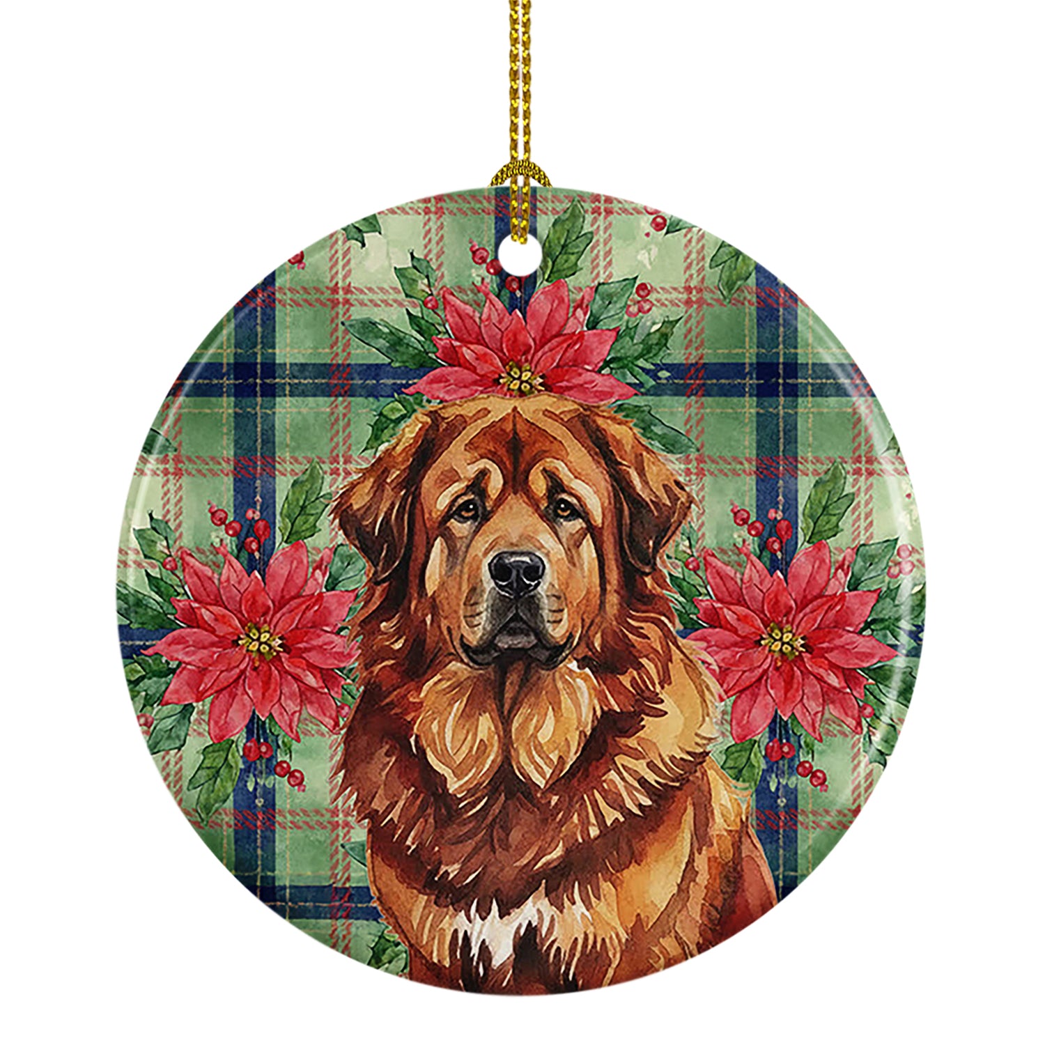 Caroline's Treasures Red Gold Tibetan Mastiff Christmas PoinsettIas Ceramic Ornament