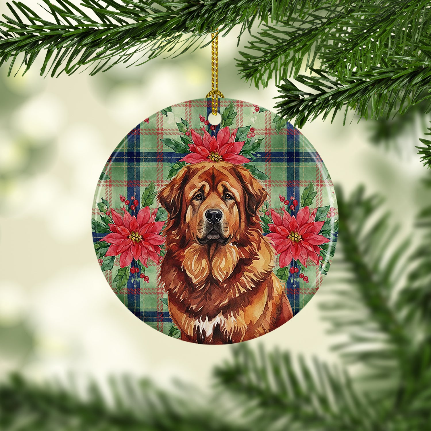 Caroline's Treasures Red Gold Tibetan Mastiff Christmas PoinsettIas Ceramic Ornament