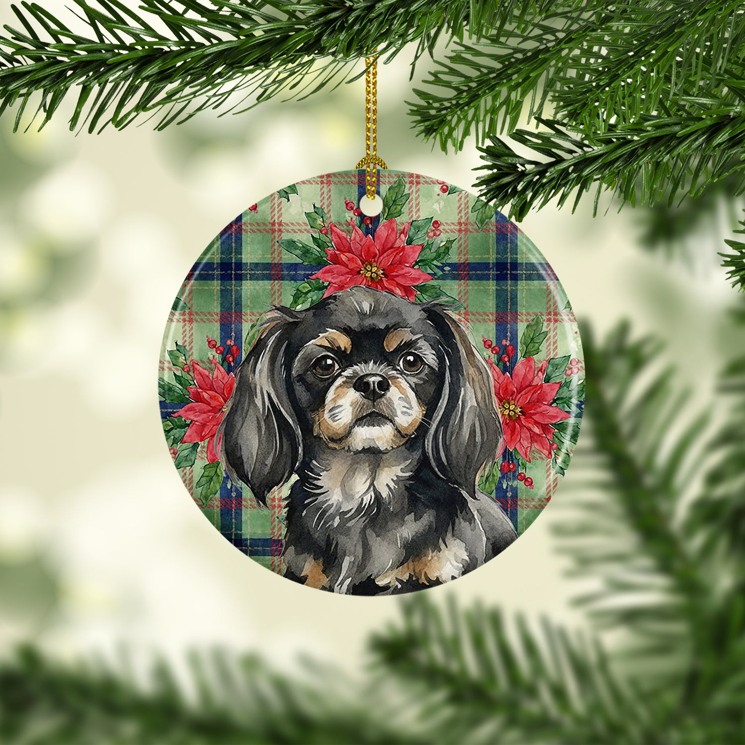 Caroline's Treasures Black and Tan Tibetan Spaniel Christmas PoinsettIas Ceramic Ornament