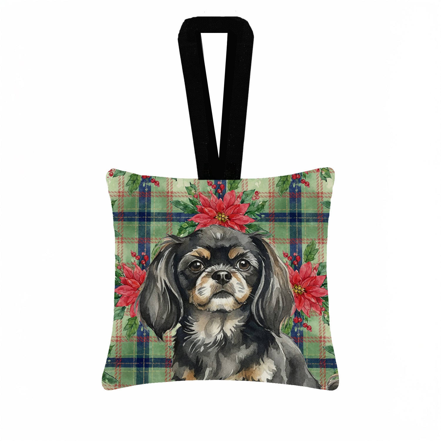 Caroline's Treasures Black and Tan Tibetan Spaniel Christmas PoinsettIas Hanging Square Fabric Ornament 3.5 x 3.5