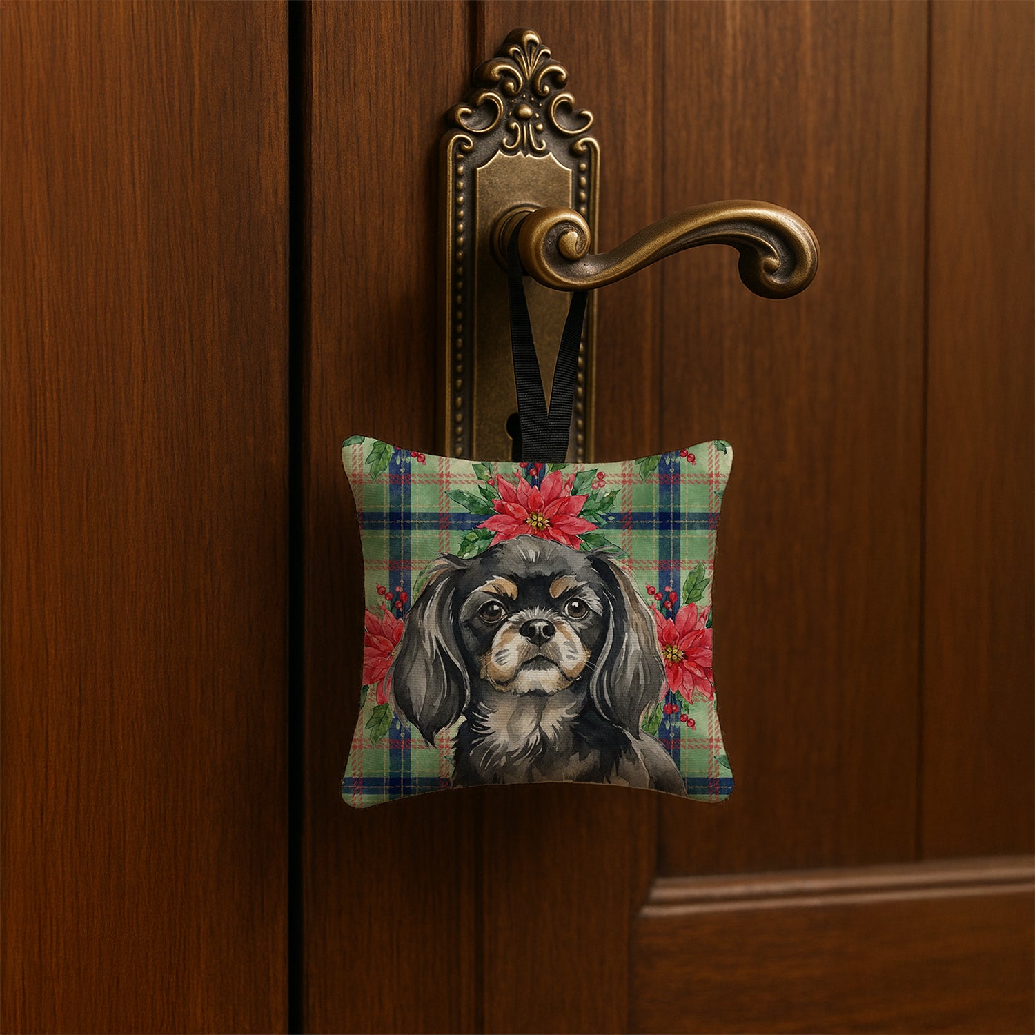 Caroline's Treasures Black and Tan Tibetan Spaniel Christmas PoinsettIas Hanging Square Fabric Ornament 3.5 x 3.5
