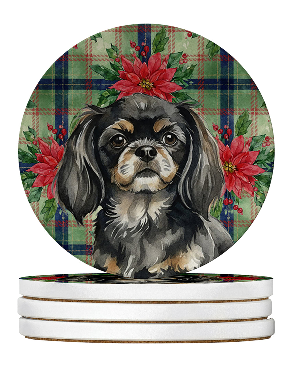 Caroline's Treasures Black and Tan Tibetan Spaniel Christmas PoinsettIas Large Sandstone Coasters Pack of 4