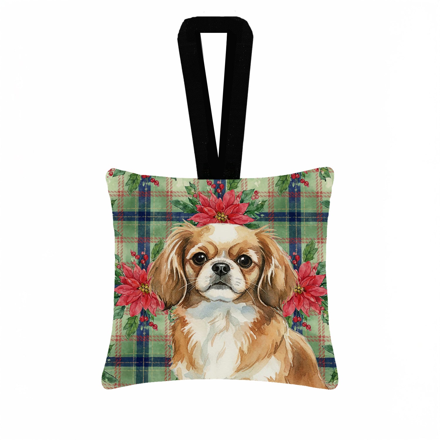 Caroline's Treasures Tibetan Spaniel Christmas PoinsettIas Hanging Square Fabric Ornament 3.5 x 3.5