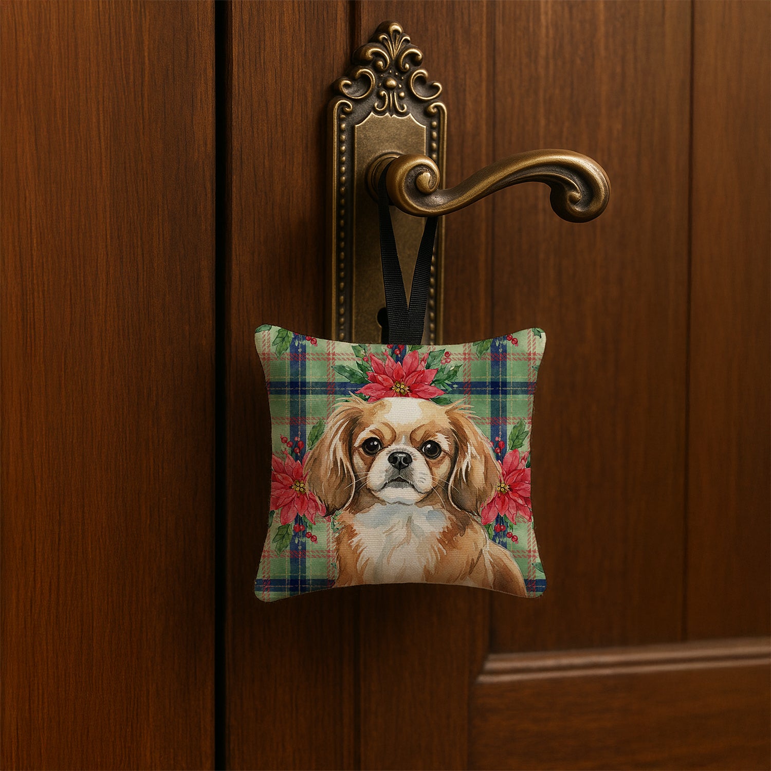 Caroline's Treasures Tibetan Spaniel Christmas PoinsettIas Hanging Square Fabric Ornament 3.5 x 3.5