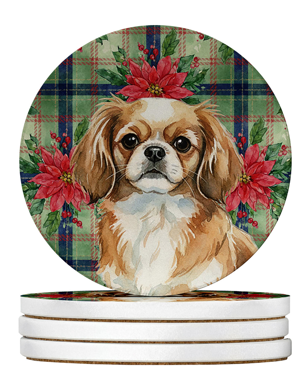 Caroline's Treasures Tibetan Spaniel Christmas PoinsettIas Large Sandstone Coasters Pack of 4