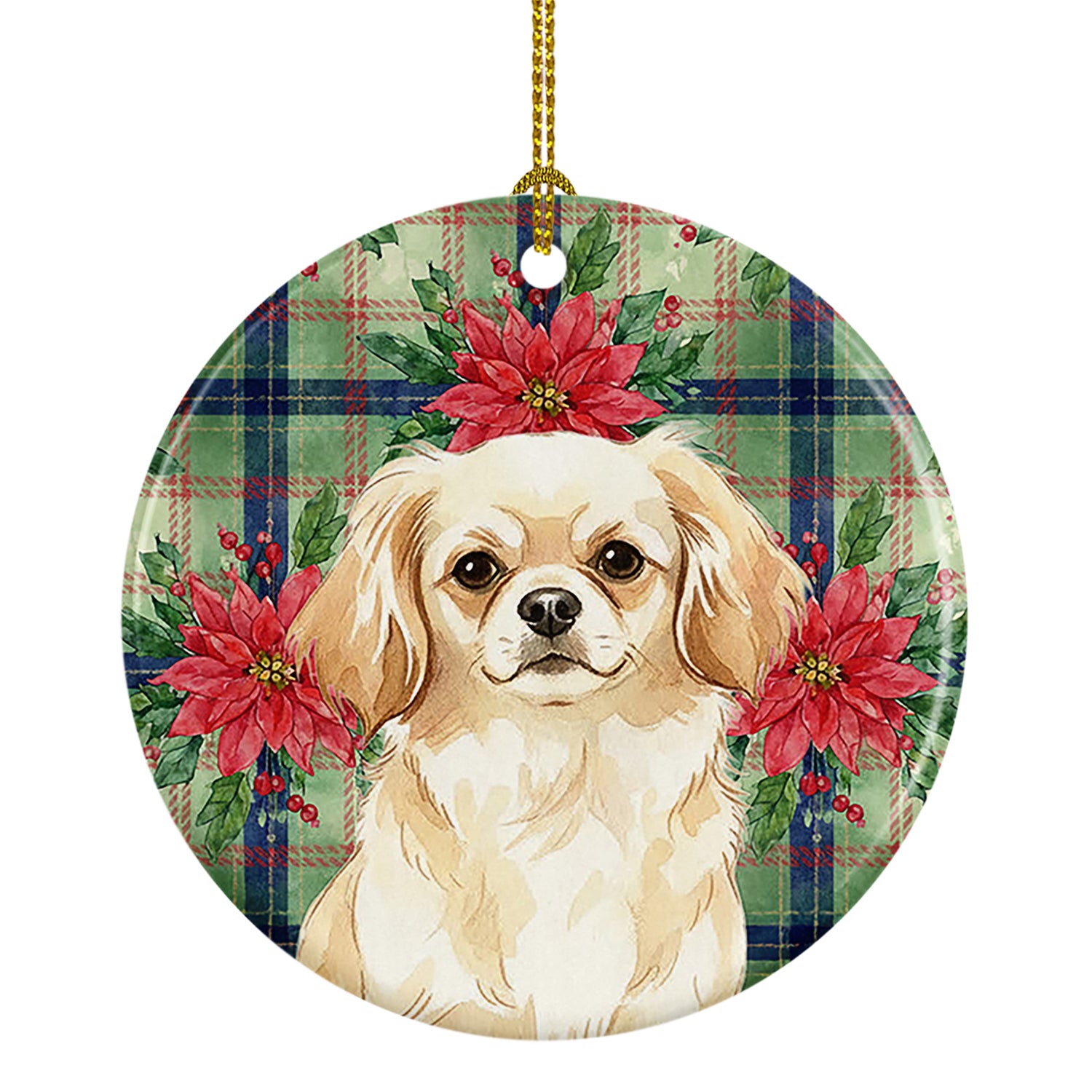 Caroline's Treasures Cream Tibetan Spaniel Christmas PoinsettIas Ceramic Ornament