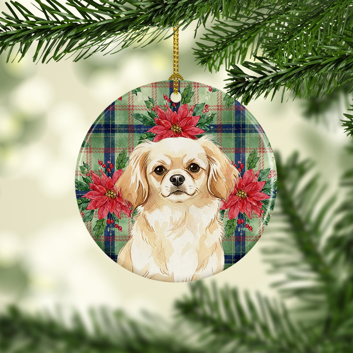 Caroline's Treasures Cream Tibetan Spaniel Christmas PoinsettIas Ceramic Ornament