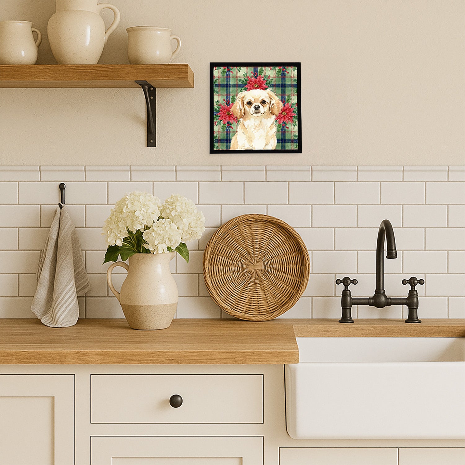 Caroline's Treasures Cream Tibetan Spaniel Christmas PoinsettIas Framed Metal Print