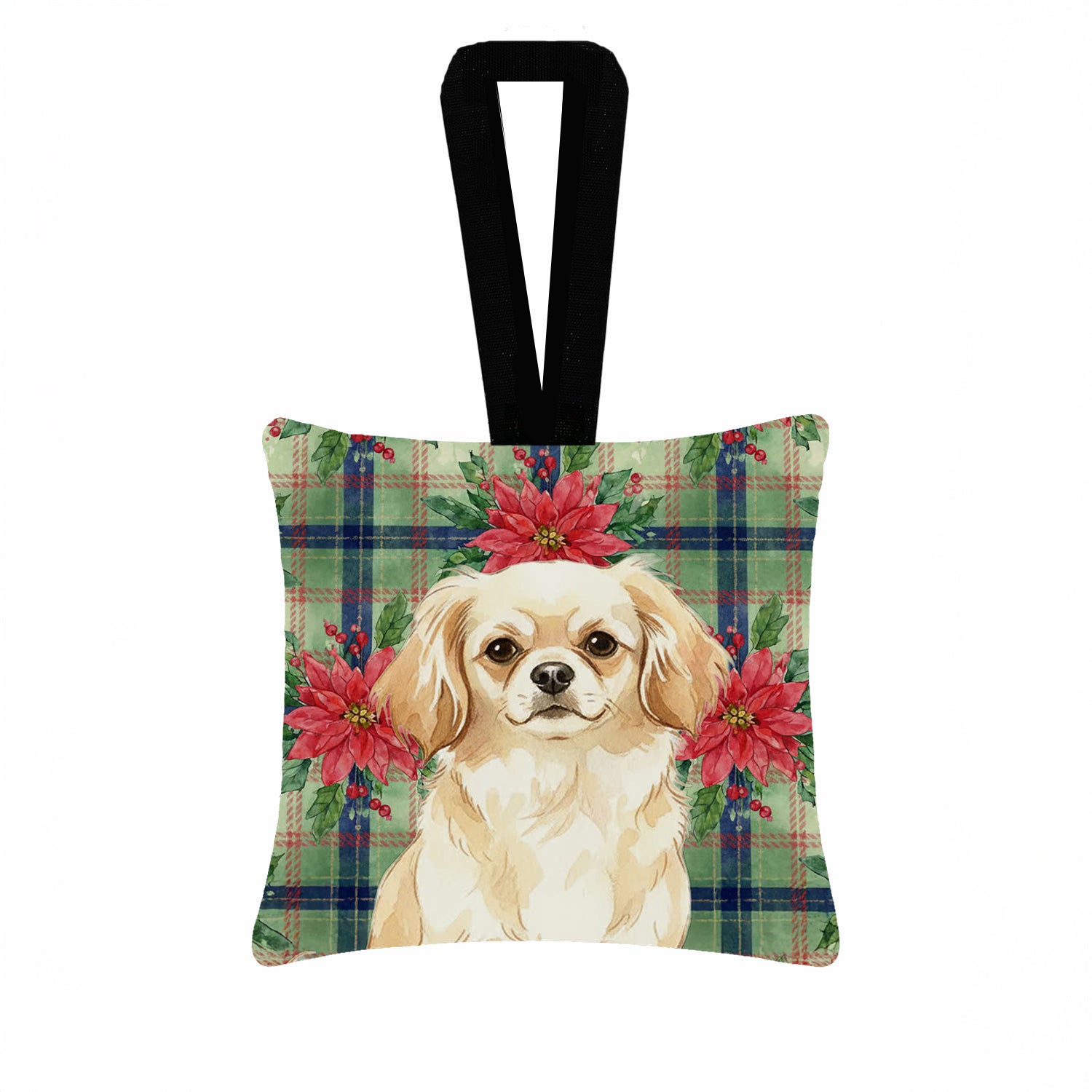 Caroline's Treasures Cream Tibetan Spaniel Christmas PoinsettIas Hanging Square Fabric Ornament 3.5 x 3.5