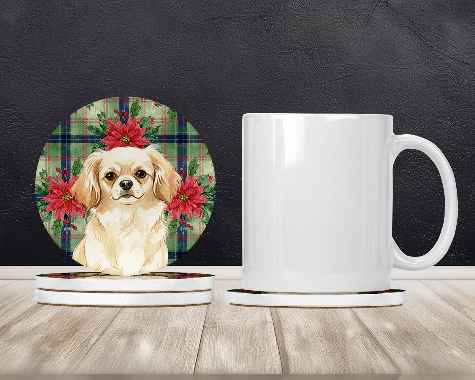 Caroline's Treasures Cream Tibetan Spaniel Christmas PoinsettIas Large Sandstone Coasters Pack of 4