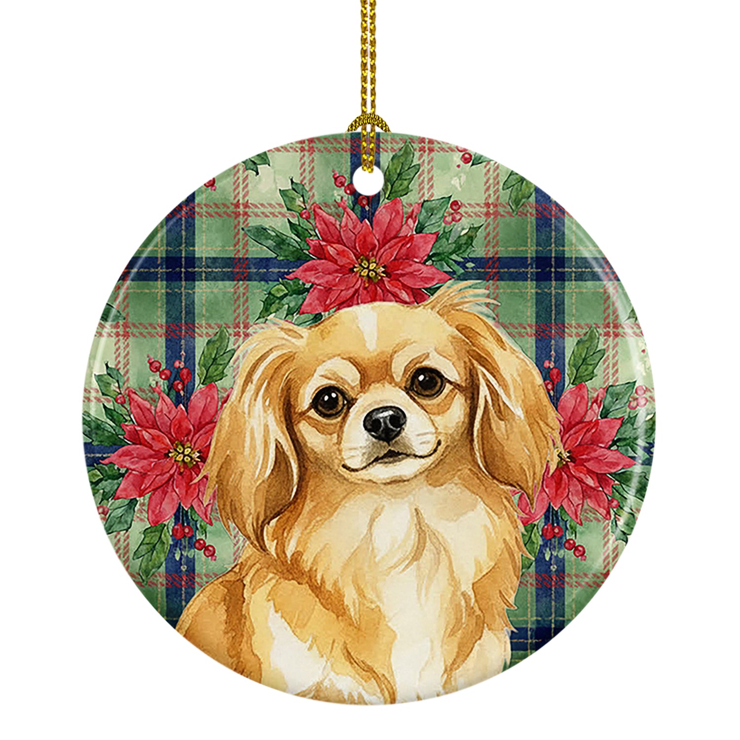 Caroline's Treasures Gold Tibetan Spaniel Christmas PoinsettIas Ceramic Ornament