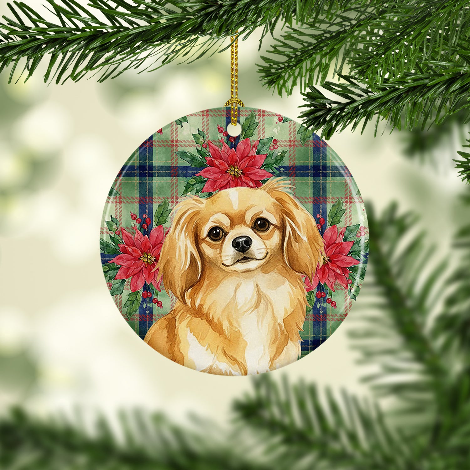 Caroline's Treasures Gold Tibetan Spaniel Christmas PoinsettIas Ceramic Ornament