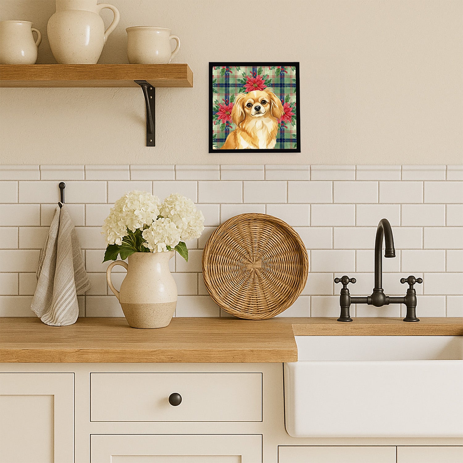 Caroline's Treasures Gold Tibetan Spaniel Christmas PoinsettIas Framed Metal Print