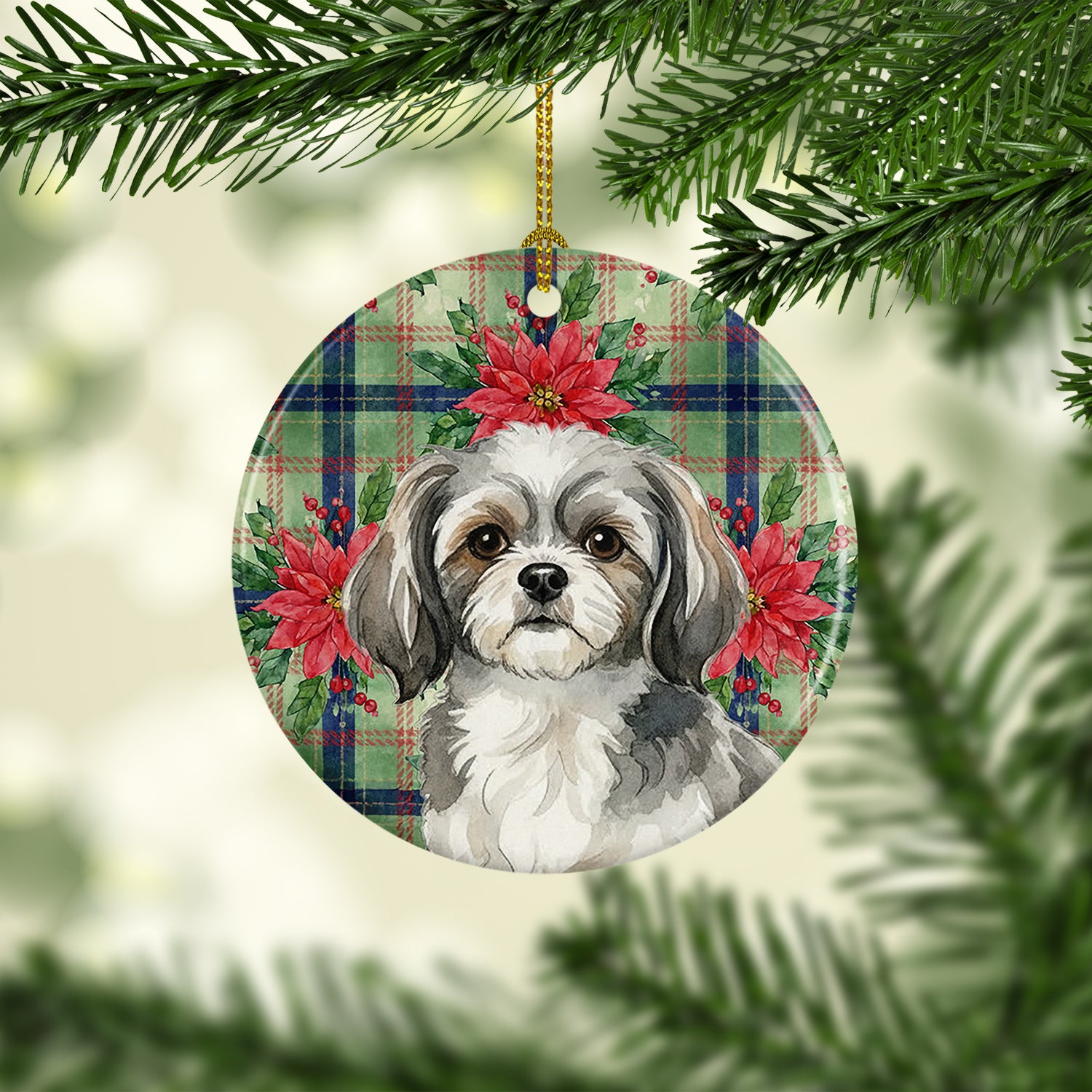 Caroline's Treasures Grey and White Tibetan Spaniel Christmas PoinsettIas Ceramic Ornament