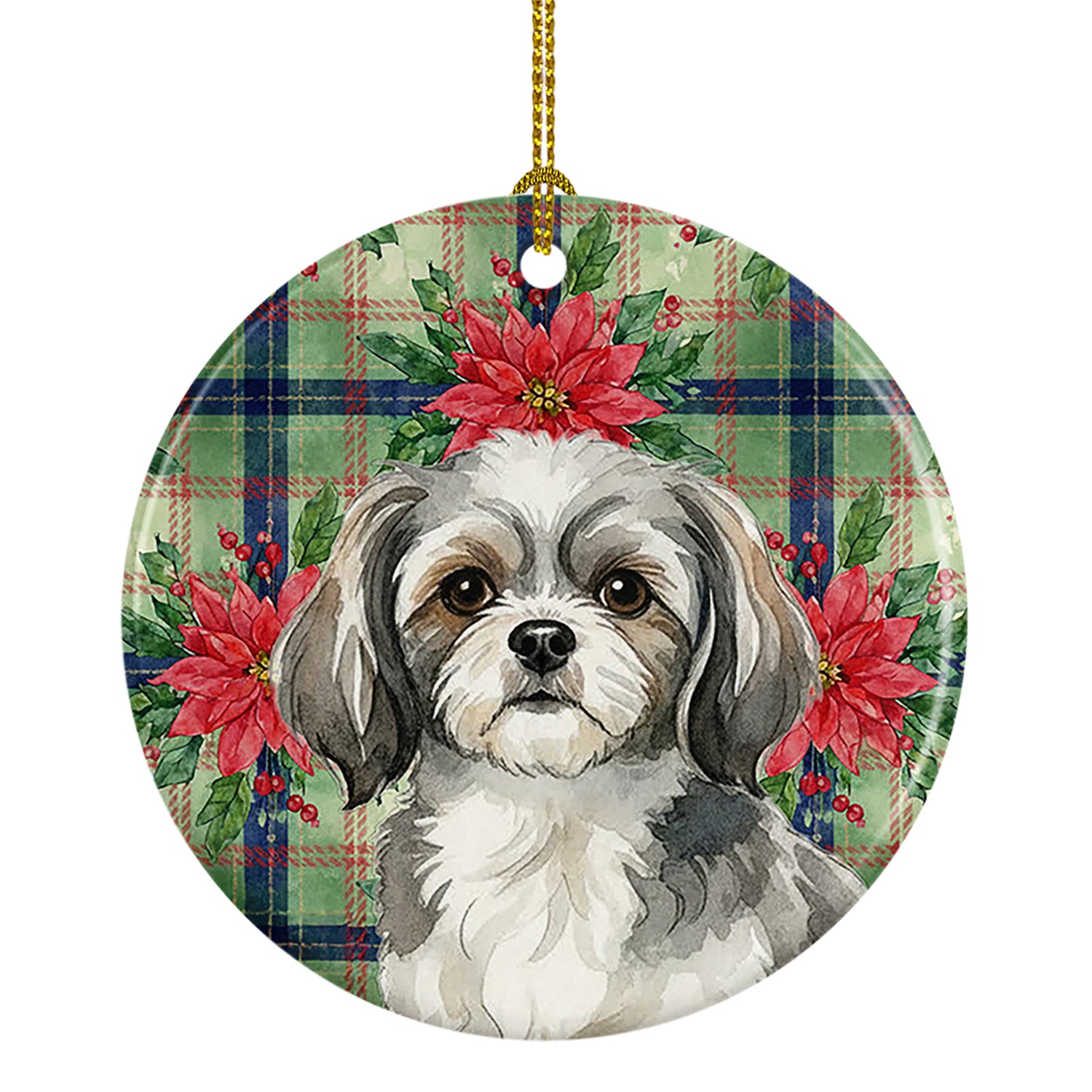 Caroline's Treasures Grey and White Tibetan Spaniel Christmas PoinsettIas Ceramic Ornament