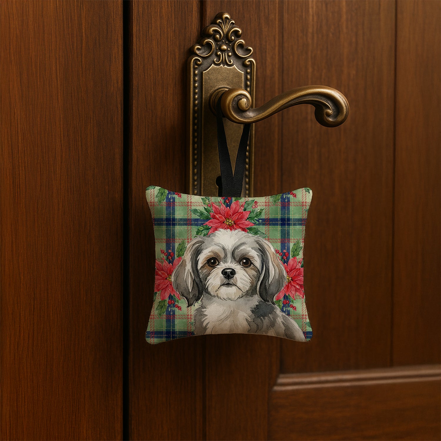 Caroline's Treasures Grey and White Tibetan Spaniel Christmas PoinsettIas Hanging Square Fabric Ornament 3.5 x 3.5