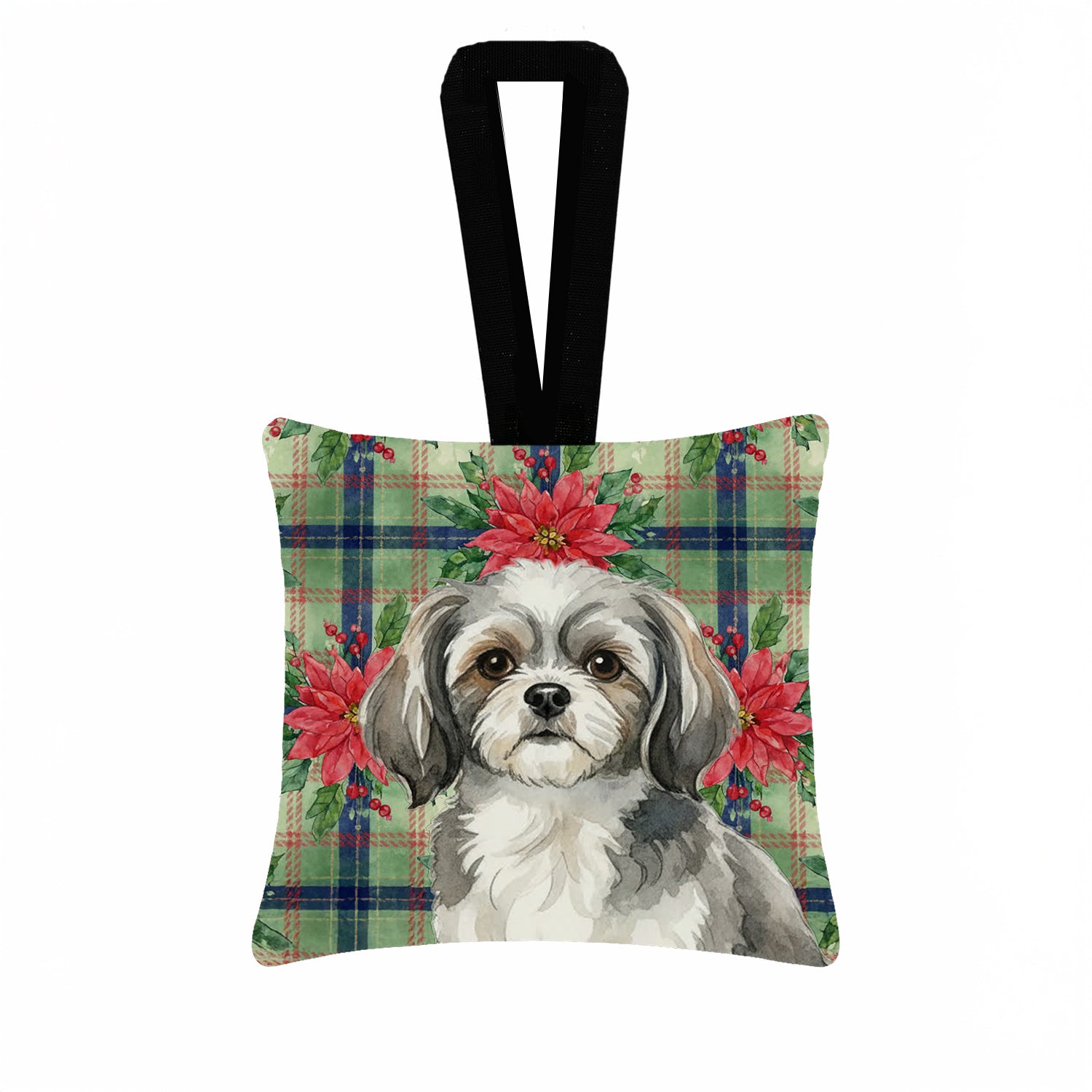 Caroline's Treasures Grey and White Tibetan Spaniel Christmas PoinsettIas Hanging Square Fabric Ornament 3.5 x 3.5
