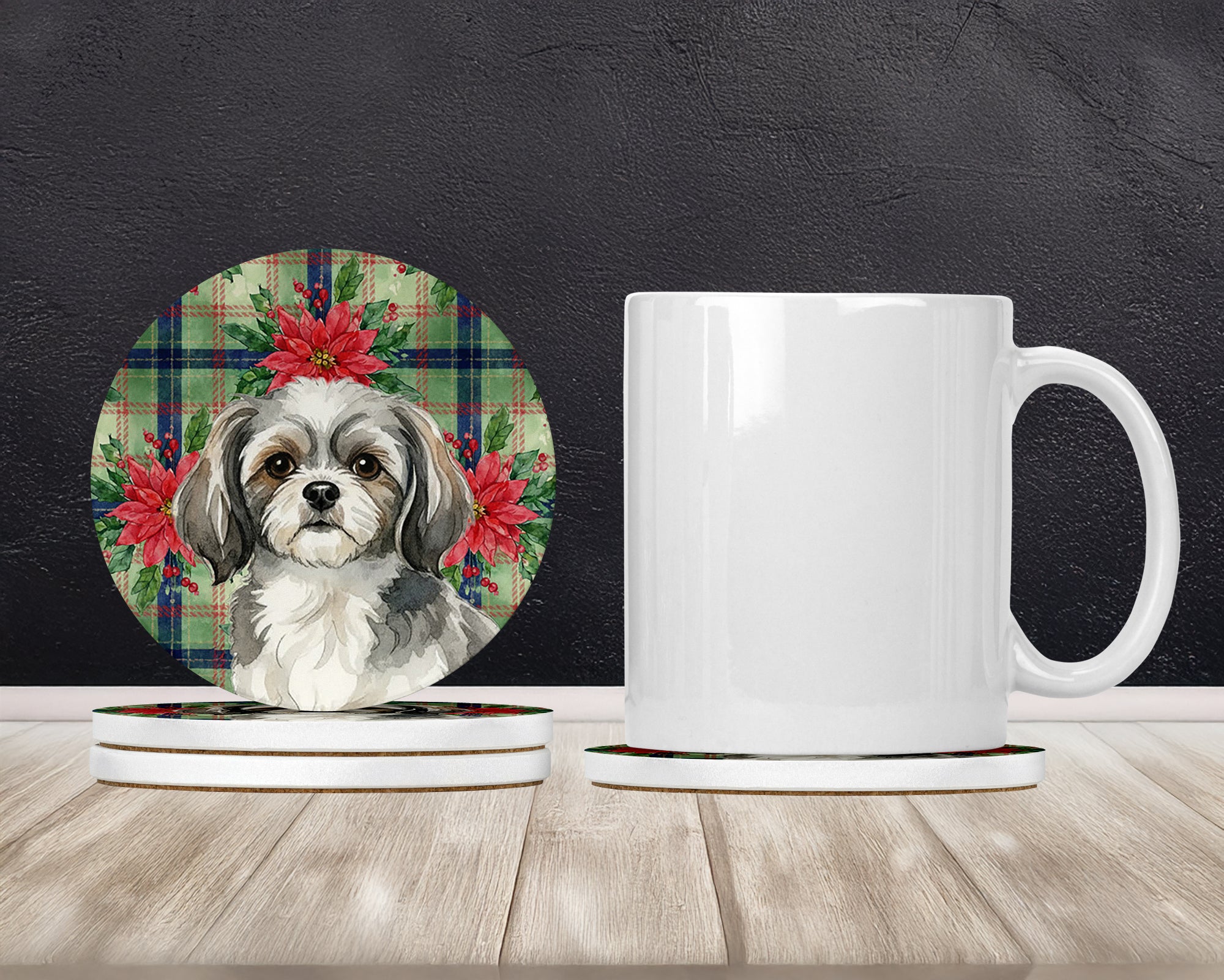 Caroline's Treasures Grey and White Tibetan Spaniel Christmas PoinsettIas Large Sandstone Coasters Pack of 4