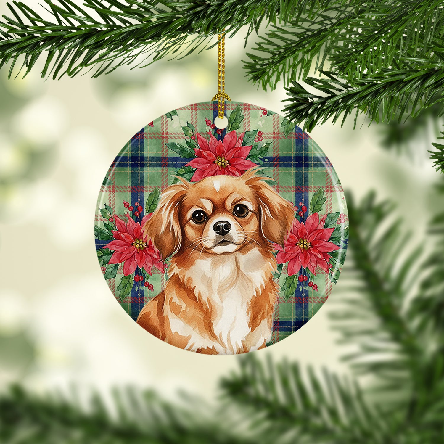 Caroline's Treasures Red Tibetan Spaniel Christmas PoinsettIas Ceramic Ornament