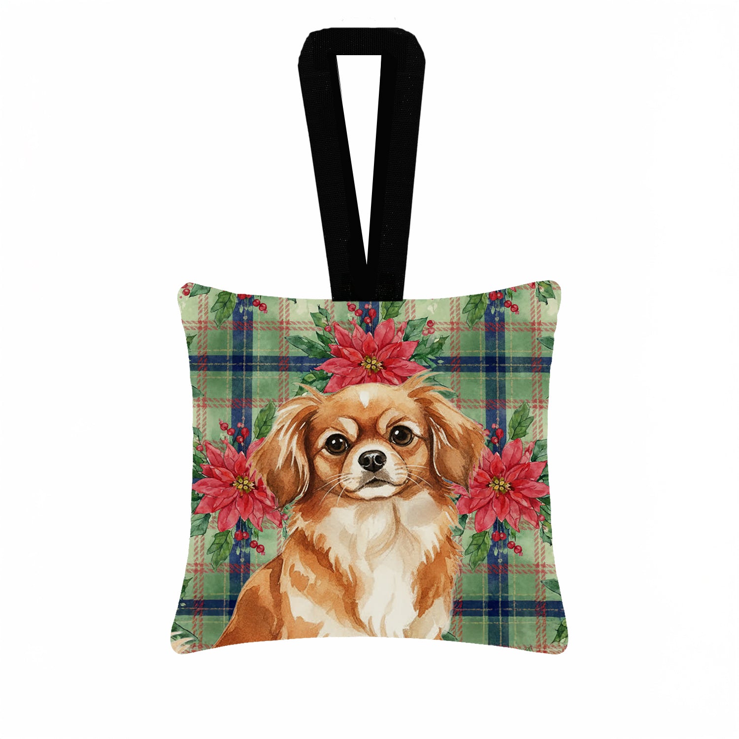 Caroline's Treasures Red Tibetan Spaniel Christmas PoinsettIas Hanging Square Fabric Ornament 3.5 x 3.5
