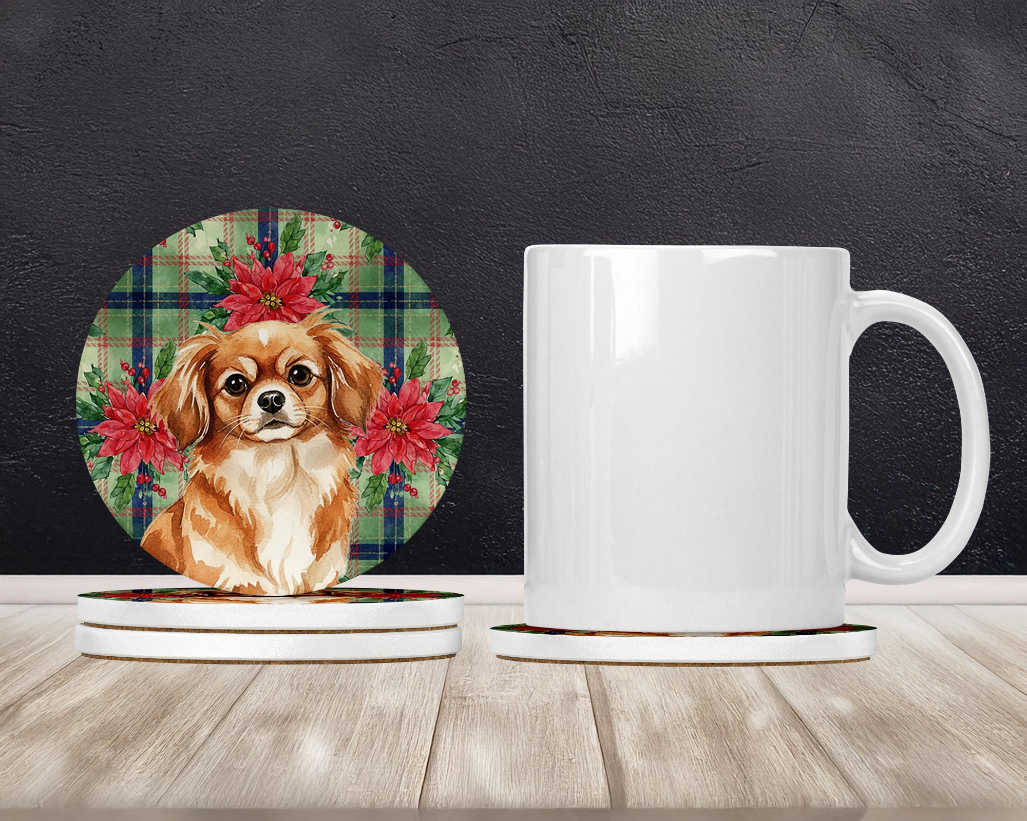 Caroline's Treasures Red Tibetan Spaniel Christmas PoinsettIas Large Sandstone Coasters Pack of 4