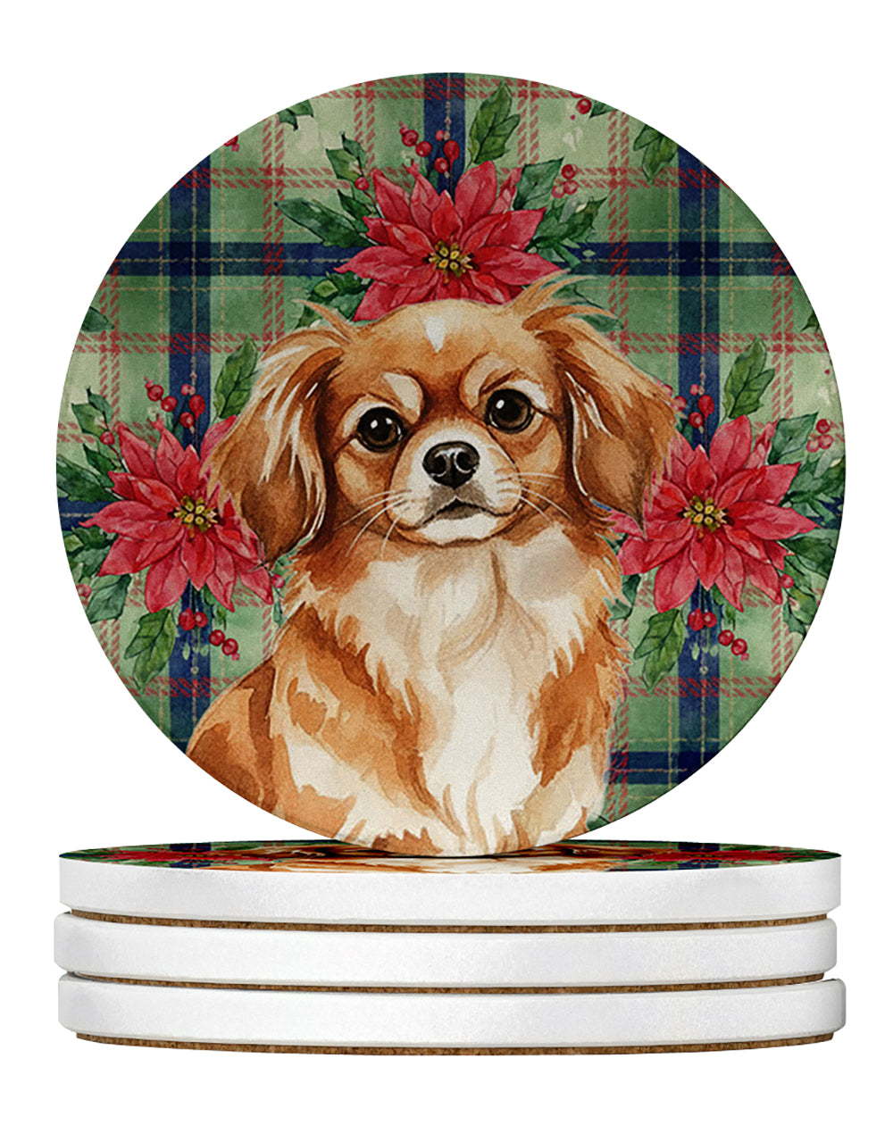 Caroline's Treasures Red Tibetan Spaniel Christmas PoinsettIas Large Sandstone Coasters Pack of 4