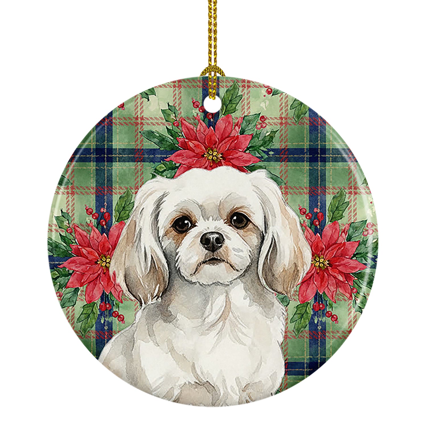 Caroline's Treasures White Tibetan Spaniel Christmas PoinsettIas Ceramic Ornament