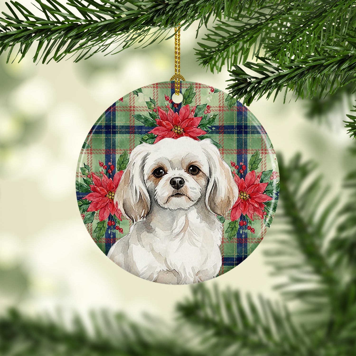 Caroline's Treasures White Tibetan Spaniel Christmas PoinsettIas Ceramic Ornament