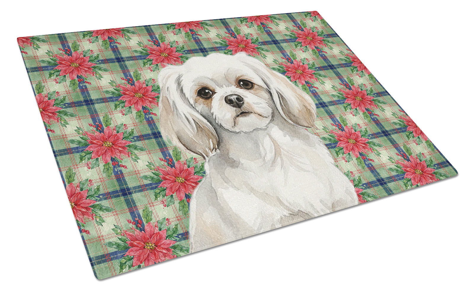 Caroline's Treasures White Tibetan Spaniel Christmas PoinsettIas Glass Cutting Board