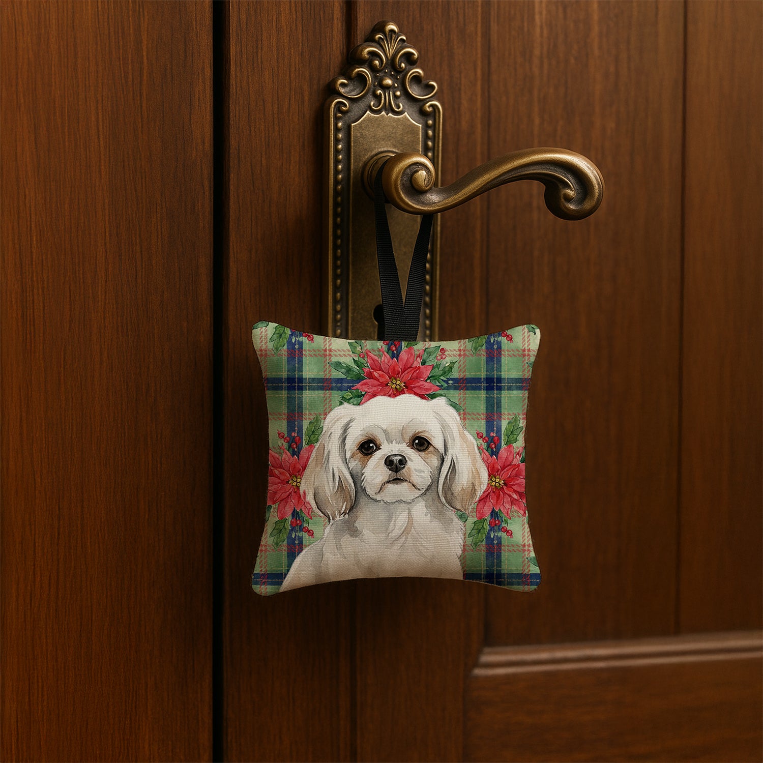 Caroline's Treasures White Tibetan Spaniel Christmas PoinsettIas Hanging Square Fabric Ornament 3.5 x 3.5