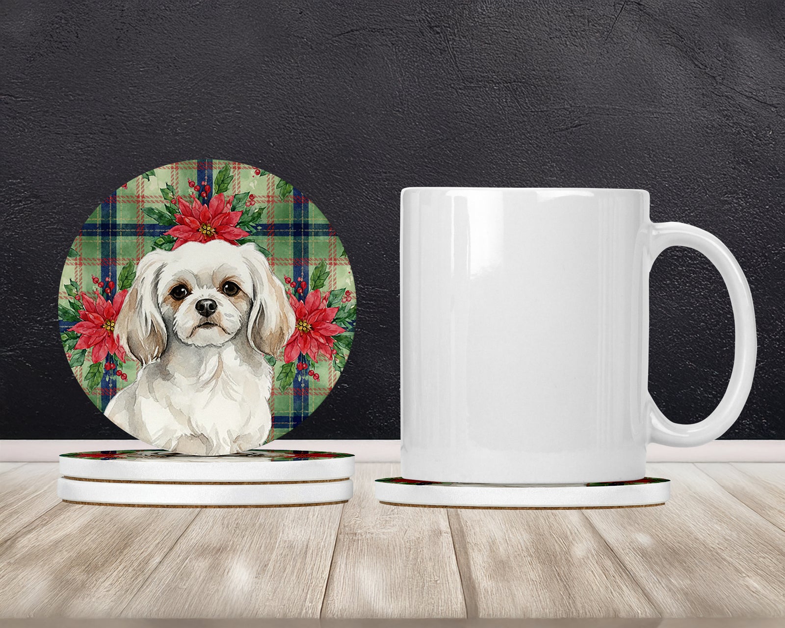 Caroline's Treasures White Tibetan Spaniel Christmas PoinsettIas Large Sandstone Coasters Pack of 4