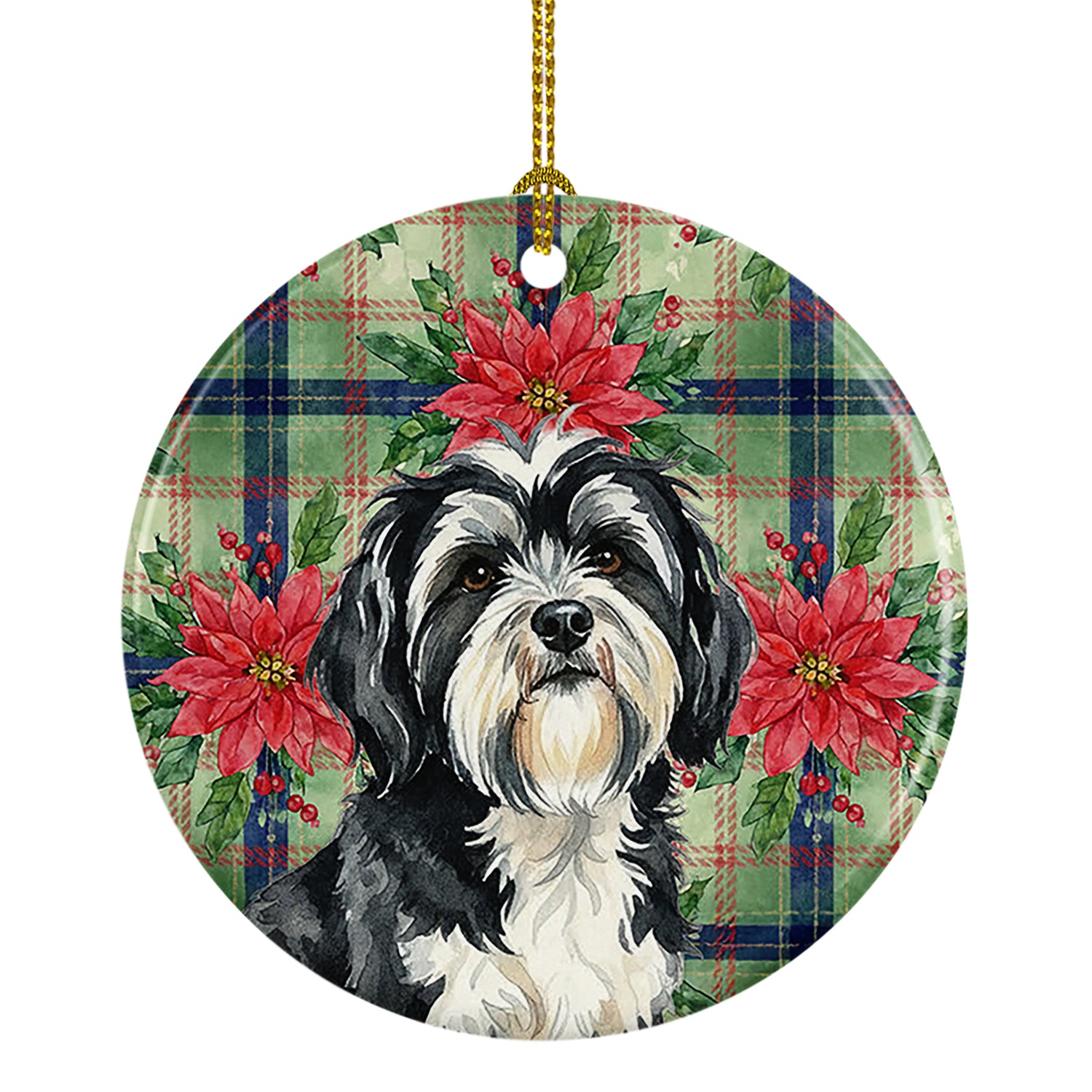 Caroline's Treasures Black and White Tibetan Terrier Christmas PoinsettIas Ceramic Ornament