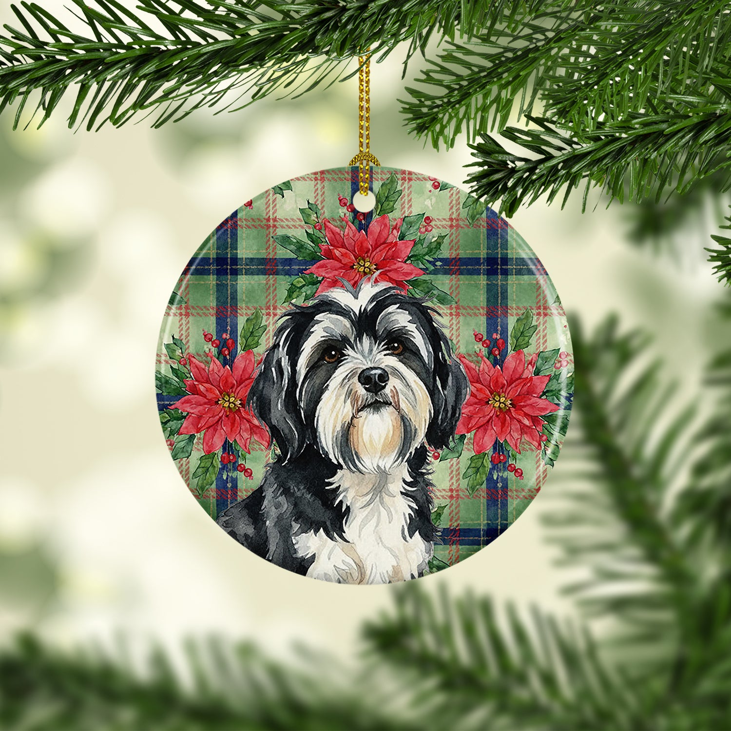 Caroline's Treasures Black and White Tibetan Terrier Christmas PoinsettIas Ceramic Ornament